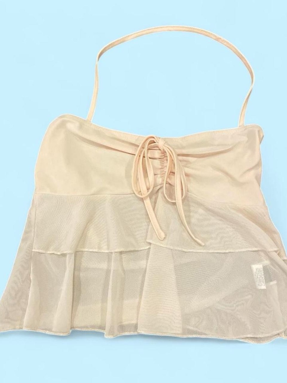 Beige Mesh Tiered Tank Top with Drawstring